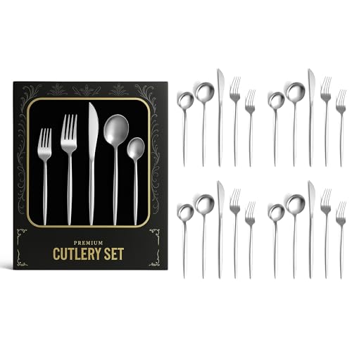 Image of aDai Korean Premium 20 Piece Stainless Steel Cutlery Set | Modern Flatware for Dining | Elegant Gift Box for Everyday Use (Silver)