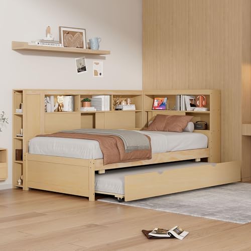 BEDGJH Twin Size Daybed with Trundle, Wood L-Shaped Daybed with Storage Shelves and USB for Bedroom Living Room (Natural)
