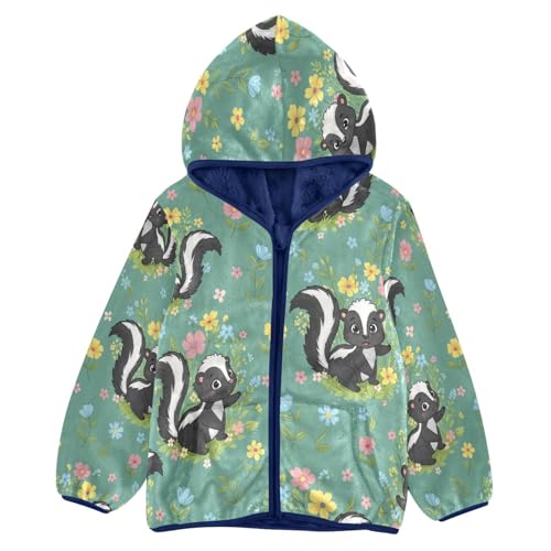 Cute Skunks Colorful Flowers Toddler Fleece Jacket Girl Boys Hooded Fleece Jacket Coat Warm Outwear Zip-up 3-10T