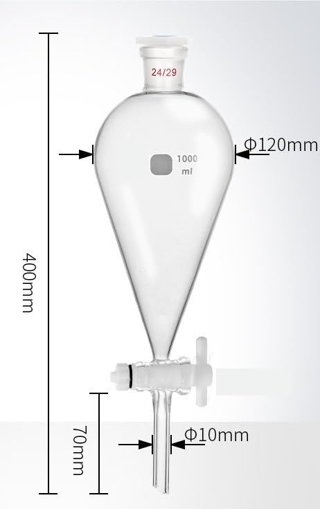 Borosilicate Glass Pear-Shaped Separatory Funnel with PTFE Stopcock - 50-1000ml, Compatible with 19/26 Joint Sizes(1000ml Joint 19-26)