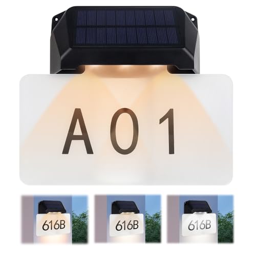 SKIKHN Numero civico illuminato a energia solare, IP65, numero civico solare per esterni, impermeabile, 3 temperature di colore, numero civico LED con sensore crepuscolare, targa con adesivo acrilico