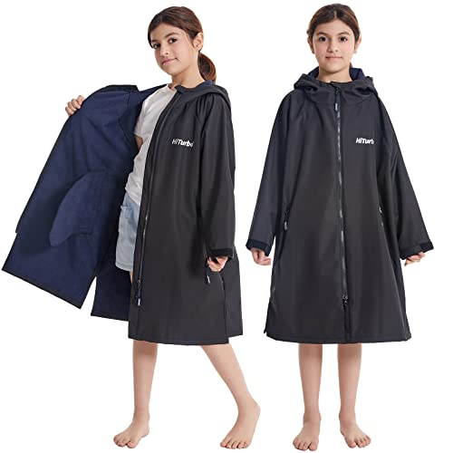Hiturbo Kids Waterproof Swim Parka: Windproof Swimming Coat - Thin Fleece Lining - Oversized Swimmer Jacket