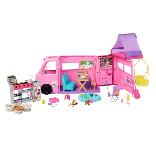 Barbie Super Caravana DreamCamper conjunto de jogo com tenda no teto, balanço, lago de pesca, churrasqueira com função de mudança de cor e mais de 60 acessórios, incluindo massa, HRJ78