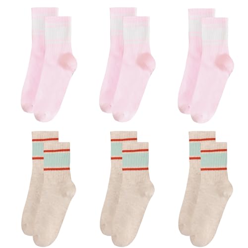 Image of Women's Premium Moisture Transferring Crew Socks, Suitable for Casual Sports, Soft and Comfortable(3P Pink+3p Beige)