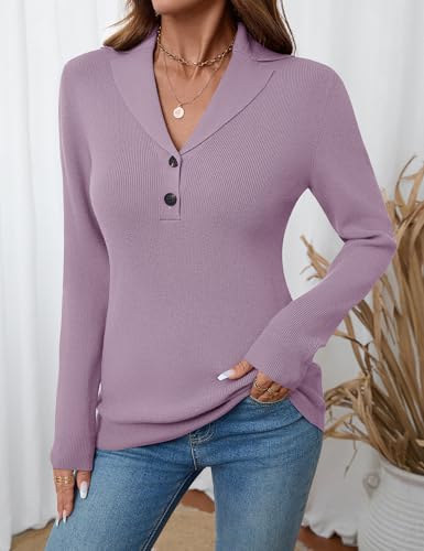 Image of LOMON Sweaters for Women 2025 Fall Knitted V-Neck Collared Button Pullover Dressy Casual Long Sleeve Polo Shirts Business