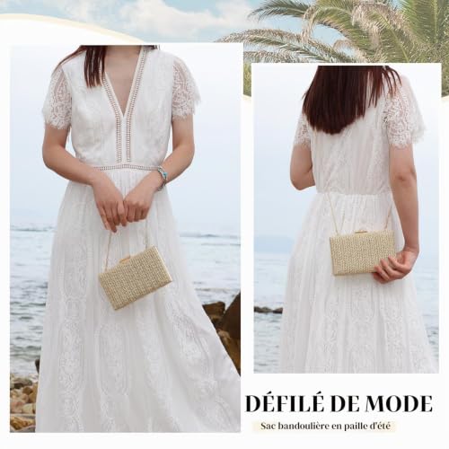 EVEOUT Clutches en paille pour femme Sac de mariage fête avec chaîne Sac bandoulière en raphia tissé pour plage vacances, Coloris naturel, 20 cm x 12.5 cm x 4 cm, Embrayage – vue 2