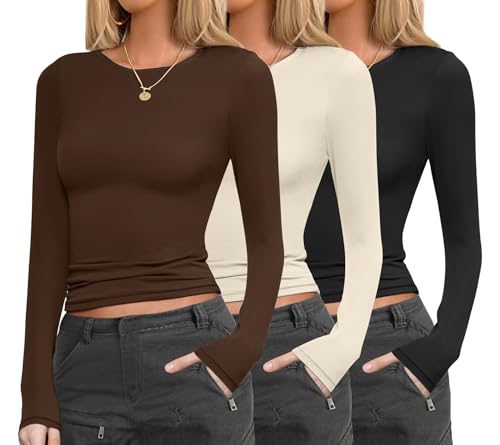 Ekouaer Womens 3 Pack Long Sleeve Shirts Fitted Tops Base Layerin...