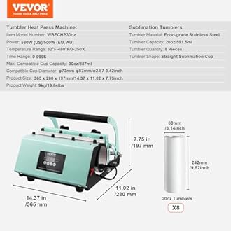 VEVOR Tumbler Heat Press Machine and Sublimation Tumblers, Tumbler Press Set with 8pcs 20OZ Blank Tumblers, Mug Press Cup Press for 11-30oz Tumblers Mug, with Heat Transfer Paper, Gloves, Tape
