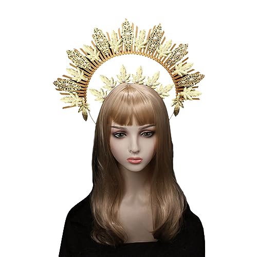 Diadema de halo femenina, tiaras para el pelo, diadema elegante con flores, tocado de iglesia, tocado gótico, corona del sol, diosa barroca, halo, piezas de tocado, Ts68a Hojas doradas