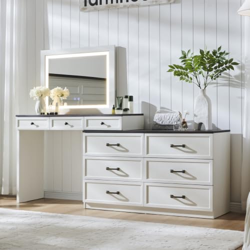 Aitjunz 69" W Farmhouse Vanity Desk with Glass Top,9 Drawers, Antique White