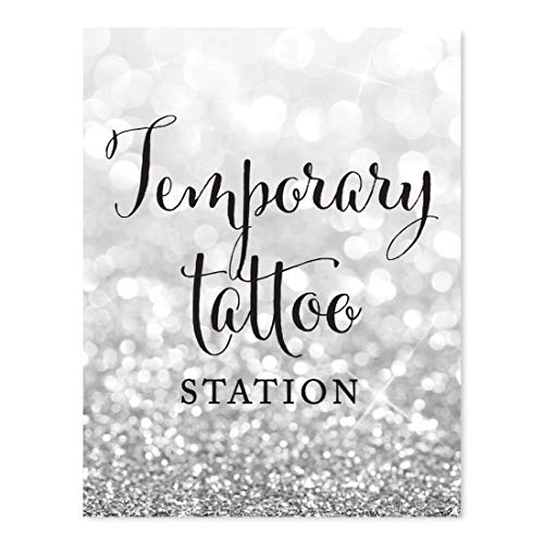 Andaz Press Wedding Party Signs, Glitzy Silver Glitter, 8.5x11-inch, Temporary Tattoo Station, 1-Pack