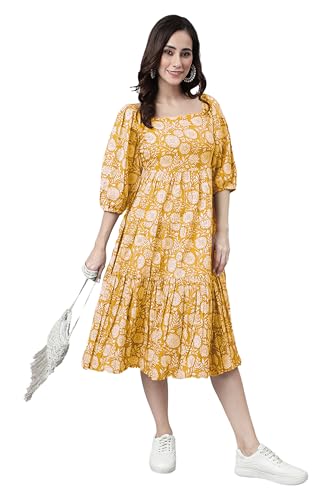 Image of Janasya Women's Cotton Floral Print Flared Dress