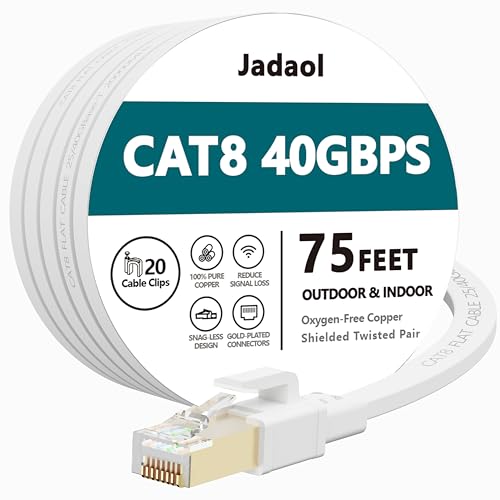 Cat8 Ethernet Cable, Outdoor&Indoor, 75 FT Heavy Duty High Speed Cat 8 LAN Network Cable, 40Gbps 2000MHz RJ45 Flat Internet Computer Patch Cord, Weatherproof S/FTP UV Resistant for Router/Modem/Gaming