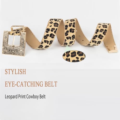 Women Leopard Print Cowboy Belt Western Cowgirl Cowboy Studded Leather Belt for Jeans Pants (suit for waist 27-39")3