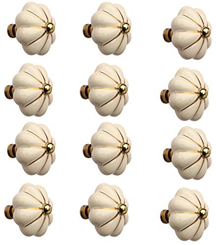 Image of Fluted Ceramic Polished Brass Cabinet /Drawers Knob Cream /Gold (12)