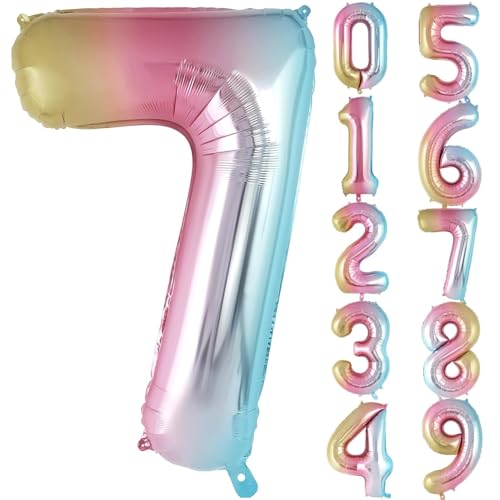 Image of Rozi Decoration Large 32 Inch Rainbow Number 7 Foil Balloon - Gradient Birthday Decoration Balloon for Kids & Adults | Easy to Inflate & Hang | Metallic Shine for Birthday, Anniversary, Event Decor