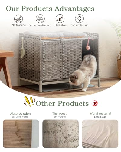 Image of SETVSON Cat Litter Box Enclosure Furniture with Divider, Handwoven Rattan Litter Box with Mat, 31.2 x 19.6 x 24.2 Inches, Metal Heightened Feet, Hidden Cat House for Living Room, Bedroom (Gray)