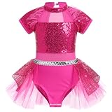 ODASDO Girls Shiny Sequins Ballet Dance Leotard Kids Mock Neck Short Sleeve Feather Tutu Dress Child Hip Hop Latin Jazz Stage Performance Circus Acrobat Gymnastics Jumpsuit Hot Pink 5-6Y
