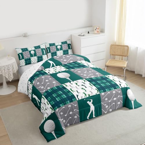 Image of Feelyou Golf Comforter Set Queen Size Green Plaid Buffalo Check Geometric Bedding Set for Kids Boys Girls Sports Theme Duvet Quilt Bedroom Decor Microfiber 3 Pcs with 2 Pillow Cases