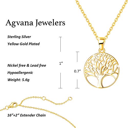 AGVANA Gold Plated Sterling Silver Tree of Life Pendant Necklace Earrings for Women Dainty Family Tree Jewelry for Her Anniversary Birthday Gifts for Mom Wife Lover Grandma Her, 16+2 Inches3