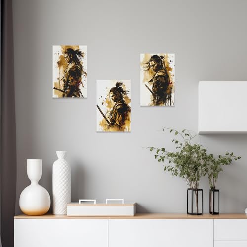 Image of CCWACPP 3 Piece Samurai Wall Art Japan Painting Canvas Print Warrior Figure Pictures Bushido Posters Japanese Culture Theme Artwork Home Room Decor Framed (B, (16 inchx24 inchx3))