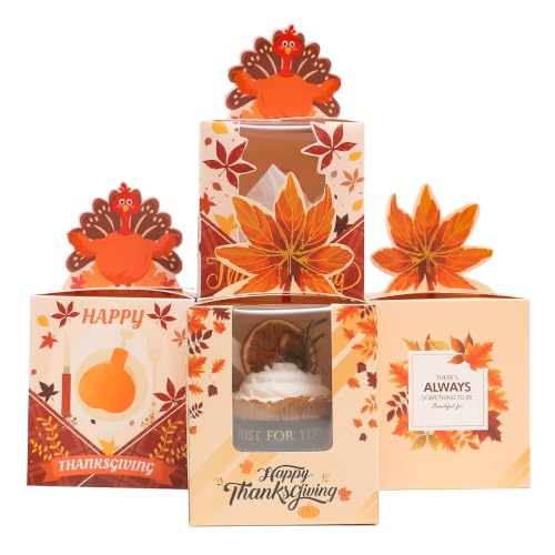 qiqee Thanksgiving Individual Cupcake Boxes Cupcake Holders Disposable 25pcs Single Cupcake Boxes with Window 3.7x3.7x4.5 Cupcake Containers for Thanksgiving