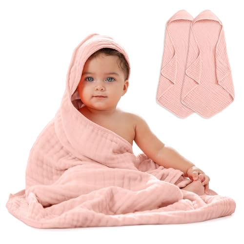 Image of Comfy Cubs 2 Pack Baby Hooded 9 Layer Muslin Cotton Towel for Kids, Large 32” x 32”, Ultra Soft, Warm, and Absorbent. Baby Essentials Bath Towels, Cute Unisex for Girls and Boys (2 Pack, Lace Pink)
