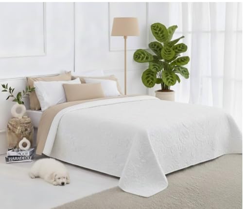 HaraDeco Colcha 100% Microfibra 250x260cm para Cama Matrimonio 150- Cubrecama Multiuso con 2 Fundas de Almohada, Extra Suave y Transpirable, para Todas Las Estaciones - Estampado Floral Blanco