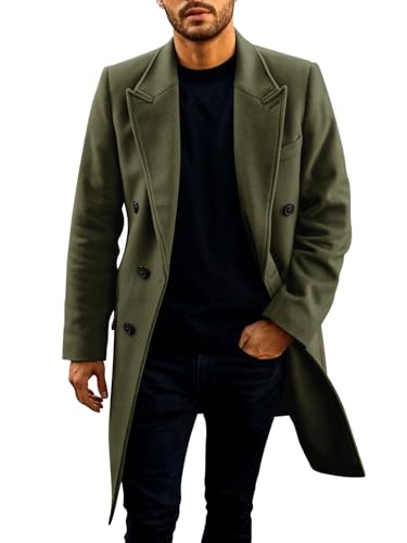 PASLTER Mens Trench Coat Mid Long Double Breasted Slim Fit Peacoat Notched Lapel Winter Business Overcoat