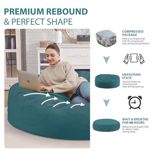 7FT Bean Bag Chair, Large Bean Bag Chairs with Memory Foam Filled, Fluffy Beanbag Sofa with Dutch Velvet Cover, Round BeanBag Chairs for Living Room, Playroom - Sea Blue