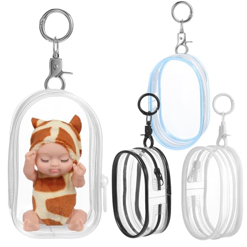 Toyvian 4 Pcs Clear Display Bag for Mini Resin Figures and Dolls with Zipper, Clear Pouch with Keychain, Carrying Bags Tiny Cases for Collectibles, Portable Small Doll Storage Pouches PVC Bag
