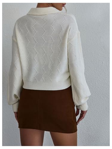 Image of Verdusa Women's Old Money Cable Knit Rhinestone Decor Knit Top Crew Neck Lapel Collar Lantern Sleeve Drop Shoulder Pullover Cropped Sweaters