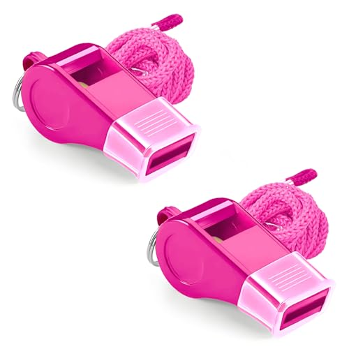 Guokoo Whistle for Coaches - Pink Plastic Whistles with Lanyard and Mouthpiece - Loud Crisp Sound & Bright Colors for Coaches Teachers Referees Lifeguards & Emergency Outdoor Sports (2 Pcs)