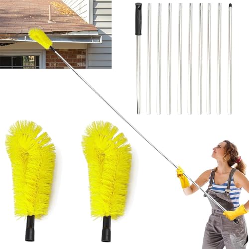 Telescopic Gutter Cleaning Brush - 12.7Ft Extendable Roof Gutter Cleaner Equipment, 2 Brushes & 10Pcs Telescopic Poles for Cleaning Leaves Window Gutter Hanging Light Spider Web, Yellow