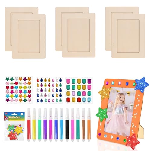 Hiuyavy Picture Frame Painting Craft Kit, 6 PCS Picture Frame Craft Set, Craft Photo Frames to Decorate, DIY Kids Photo Frame with Glitter Stickers and Color Pens for Kids Gift
