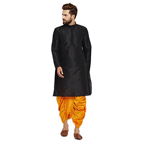 Image of SOJANYA (Since 1958 Men's Off-White and Gold Dupion Silk Dhoti Kurta Set