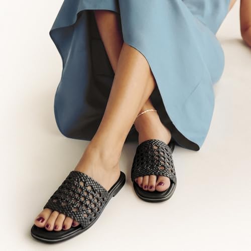 Image of C.Paravano Womens Slides Woven Flats Raffia Sandals Summer Beach Slip ons | handmade woven crafts, Nappa lambskin Insole, Lightweight, Open toe