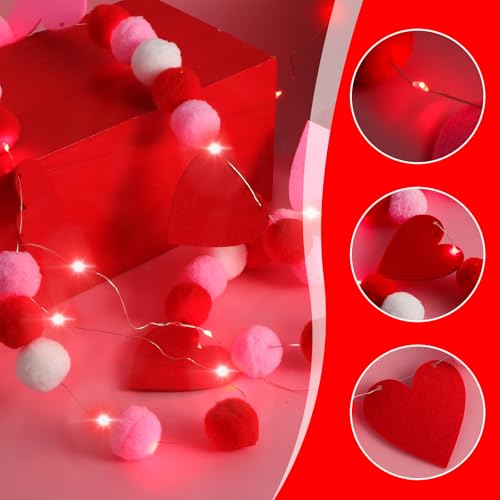 Image of 2 Pcs Valentine's Day Heart Felt Banner with LED Lights Red Pink White Heart Felt Banner Pom Pom Ball Garland Valentine's Day Heart Pompom Hanging Garland for Indoor Home Party Favors
