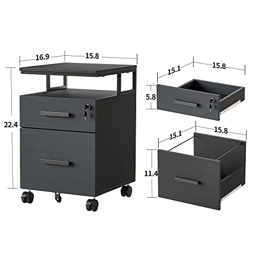 Image of FEZIBO 2-Drawer File Cabinet With Lock for Home Office, Rolling Under Desk Storage for A4, Letter Size, Printer Stand, Wooden Mobile Cabinet, Deep Black