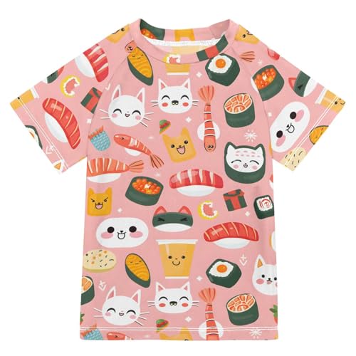 ALAZA Boys Swim Shirts Toddler Rash Guard Short Sleeve Rashguard Cat Sushi Japanese UPF 50+ 11-12T