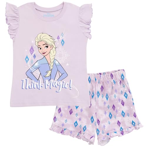 Disney Princess Moana Belle Minnie Mouse Nightmare Before Christmas - playera sin mangas y pantalones cortos de rizo francés para niños grandes, Morado, Elsa, 7-8