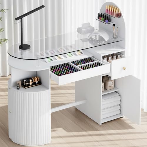 HolaiNail Manicure Table Nail Station with Tempered Glass Top Professional Nail Tech Desk with Storage Cabinet & Drawer Acetone Resistant for Nail Beauty Salon Workstation(White)