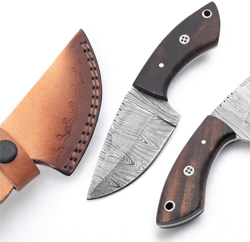 Hunting Knife with Leather Sheath 6-inches Full-tang Fixed Blade Tactical Handmade Damascus Knife, Ideal for Skinning, Outdoor Camping, Hiking, Hunting - Rosewood Handle EDC Bushcraft Knives, Brown