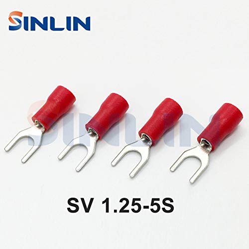 Davitu 1000pcs/lot Crimp Terminal SV 1.25-5 Crimp Fork Spade Red Fork Terminal AWG22-16 0.25-1.65mm^2 RED Brass