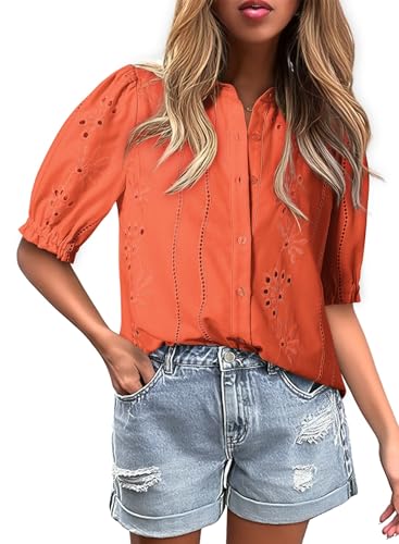 Dokotoo Women's Summer Tops Dressy Casual V Neck Short Sleeve Button Up Hollow Out Eyelet Lace Embroidered Blouses Shirts