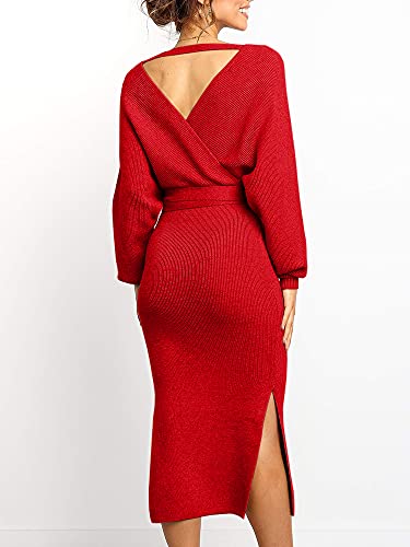 Image of Chang Yun Women's Long Maxi Sweater Dresses Sexy Wrap Batwing V Neck Slit Open Back Holiday Bodycon Dress with Belt