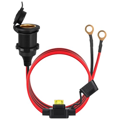 Car Cigarette Lighter Socket 12V/24V High Power Fixed Cigarette Socket Waterproof 13AWG Fused Extension Cable with Eyelet Terminals for Vehicle Tractor Boat 1 M 2.5mm Cable 20A