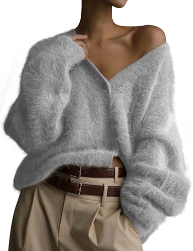 Image of COZYPOIN Womens Fuzzy Cardigan Sweater V Neck Button Down Soft Knit Coat | Loose, Comfy, Slouchy Drop Shoulder, Long Sleeve Fluffy Mohair, Warm, For Daily Work Holiday, Spring Fall Winter Fashion