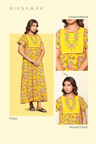 Image of NIHSAMAH Cotton Nighty for Women - Printed Stylish Night Gown, Comfortable Sleepwear Long Nightwear, Maxi