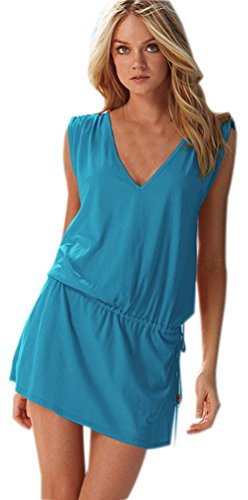 Fuxiang Beachwear Damen Bikini Cover Up Sommer Strandkleider Strandponcho Kurz Kaftan Strand-Kleid Cover-Ups V Kragen Strand Poncho Strandurlaub Badeanzug Strandtunika Blau Cover